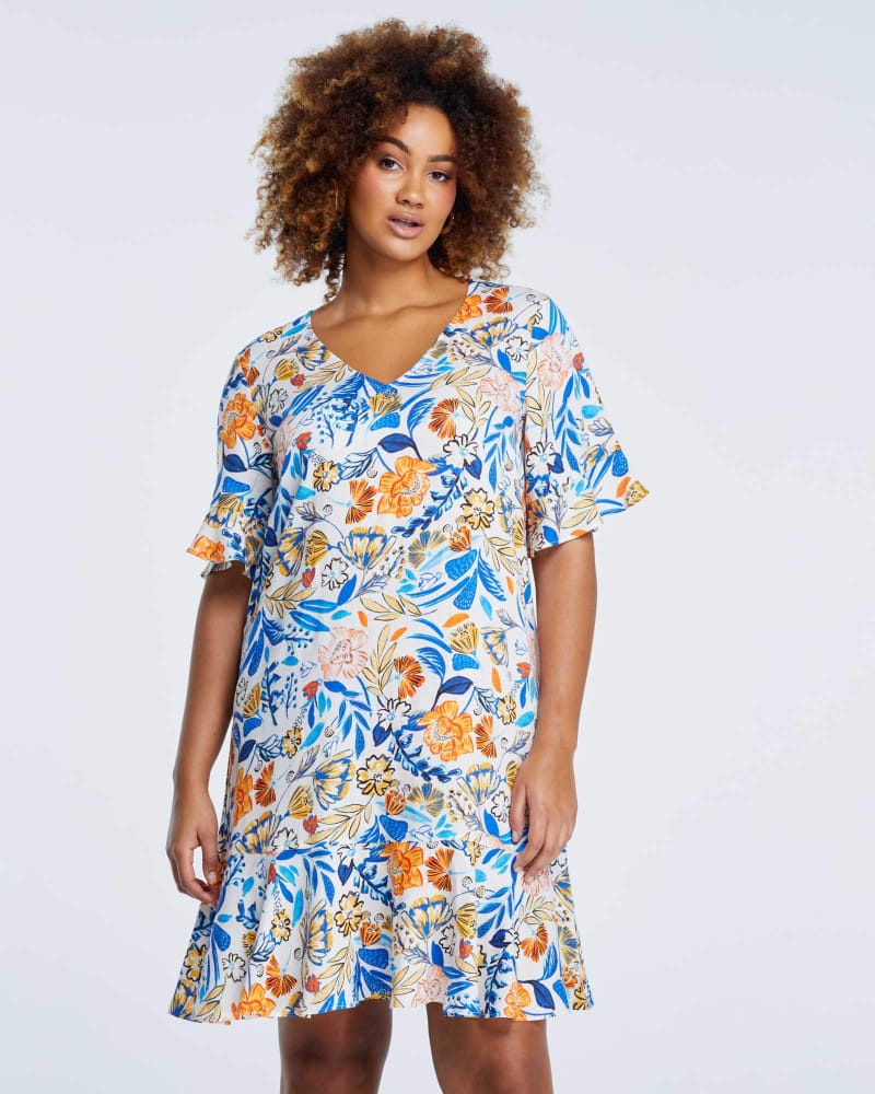 Front of a model wearing a size 3X Gazania Dress in Print by Estelle. | dia_product_style_image_id:264468